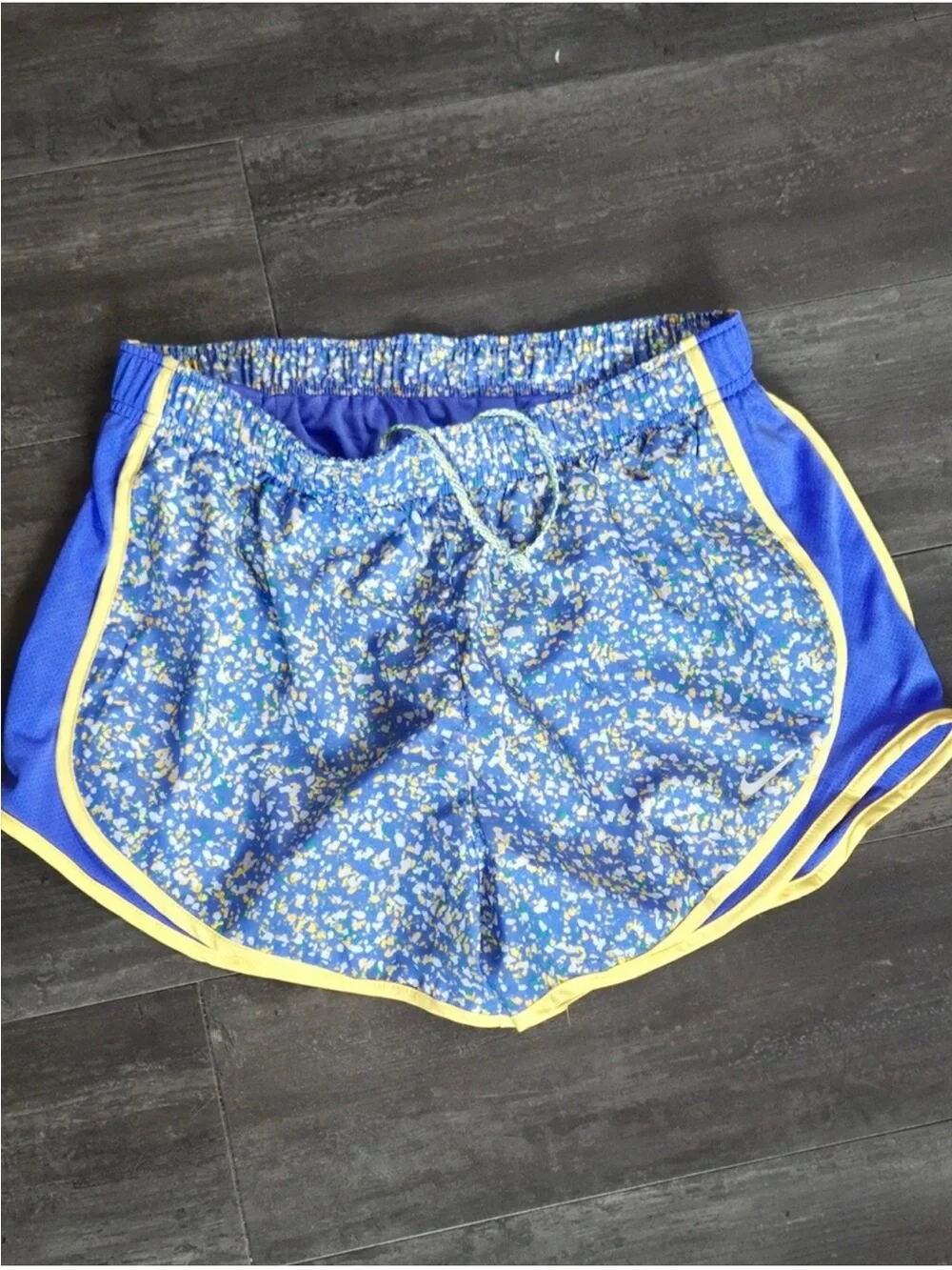 Nike Blue Floral Print Athletic Shorts with Yellow Trim